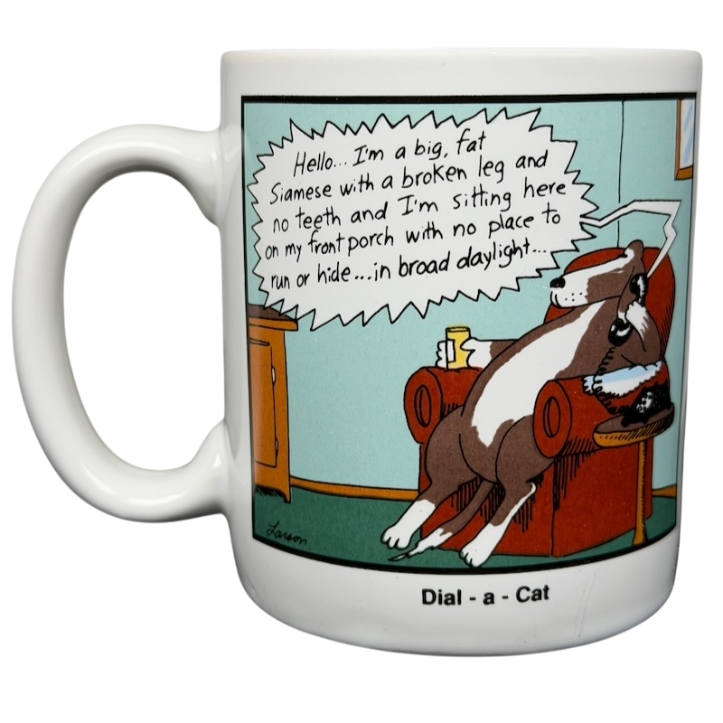 Far Side Dial-a-Cat mug with a humorous cartoon of a lazy cat on a porch relaxing