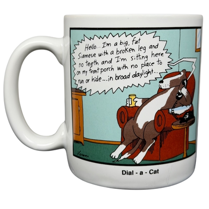 Far Side Dial-a-Cat mug with a humorous cartoon of a lazy cat on a porch relaxing
