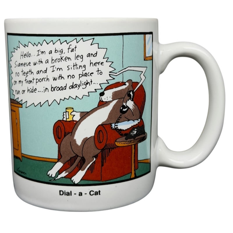 Far Side Dial-a-Cat mug featuring a humorous cat cartoon for animal lovers