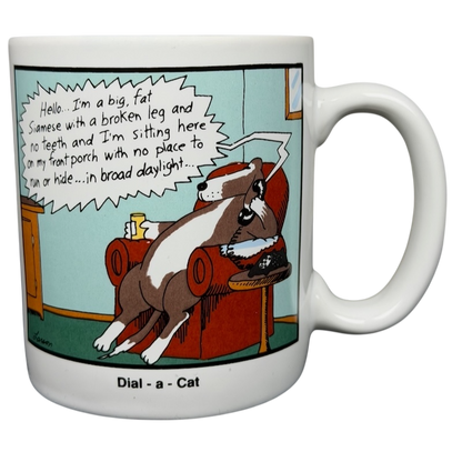 Far Side Dial-a-Cat mug featuring a humorous cat cartoon for animal lovers