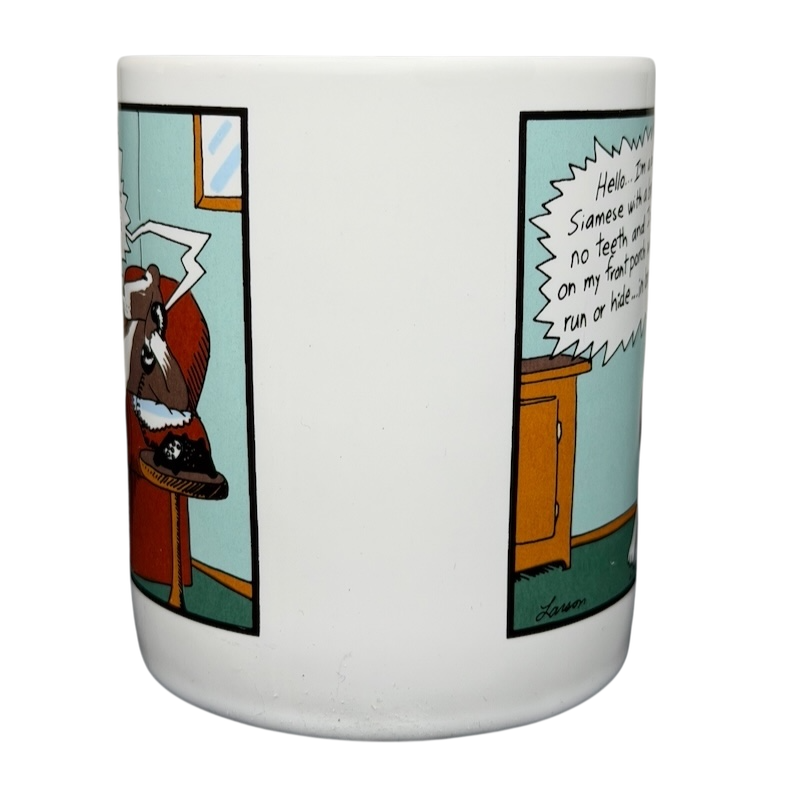 Far Side Dial-a-Cat mug featuring cartoon raccoon and humorous text for cat lovers