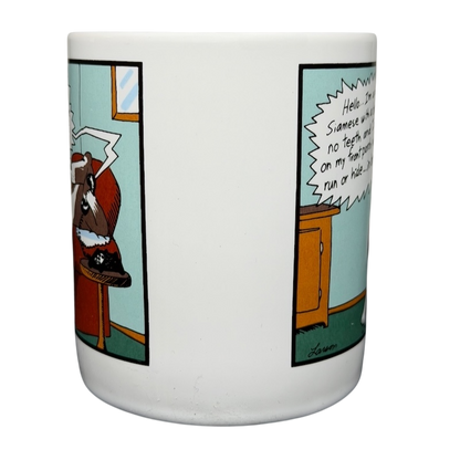 Far Side Dial-a-Cat mug featuring cartoon raccoon and humorous text for cat lovers