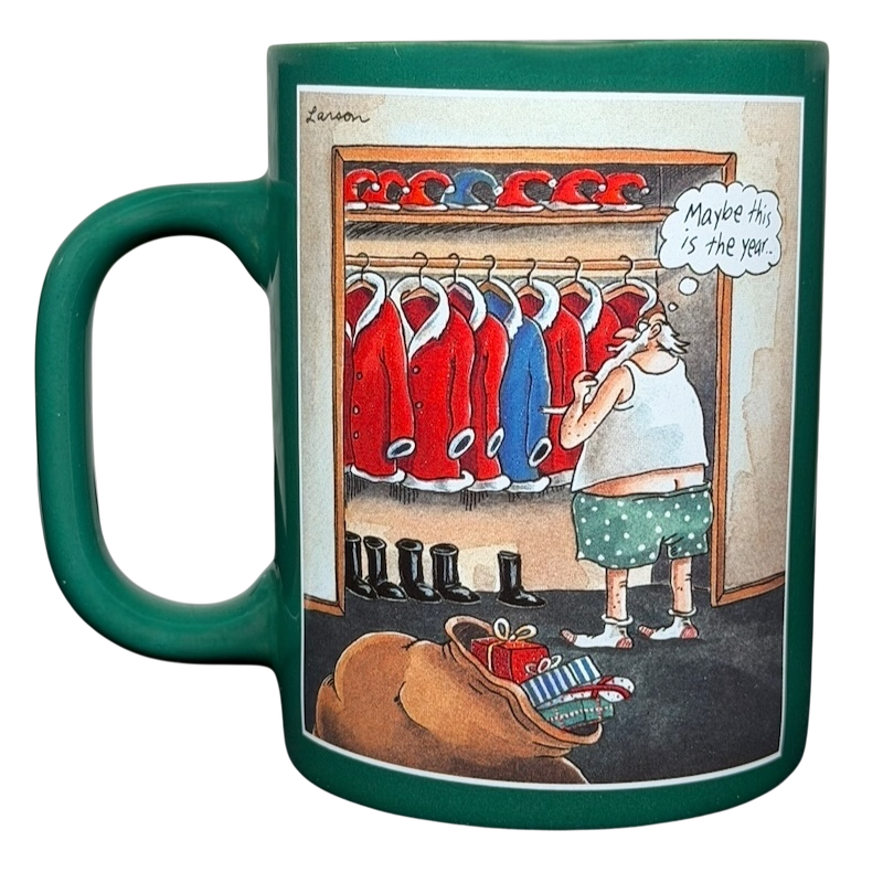 Far Side Santa closet vintage mug featuring Santa contemplating red coats and boots
