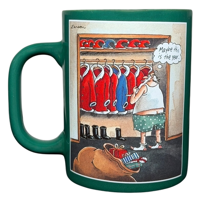 Far Side Santa closet vintage mug featuring Santa contemplating red coats and boots