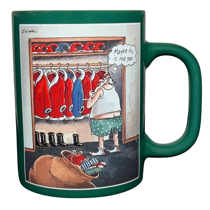 Far Side Santa closet vintage mug featuring a humorous Santa contemplating in front of red coats