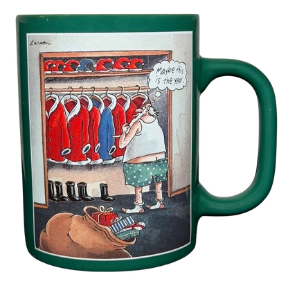 Far Side Santa closet vintage mug featuring a humorous Santa contemplating in front of red coats