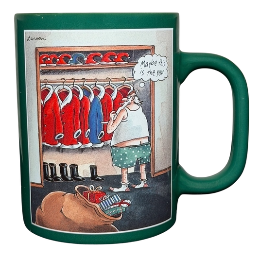 Far Side Santa closet vintage mug featuring a humorous Santa contemplating in front of red coats