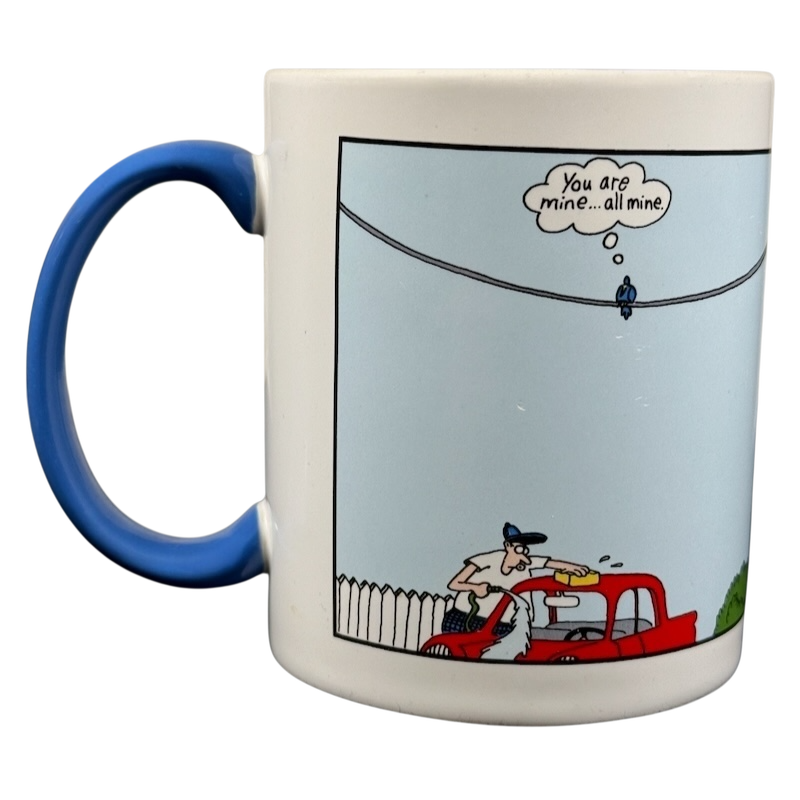 Far Side You Are Mine All Mine vintage mug featuring a humorous cartoon design with a blue handle