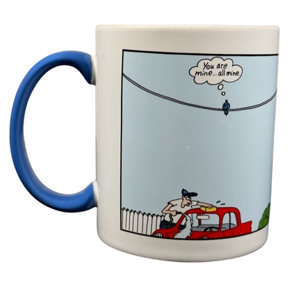 Far Side You Are Mine All Mine vintage mug featuring a humorous cartoon design with a blue handle
