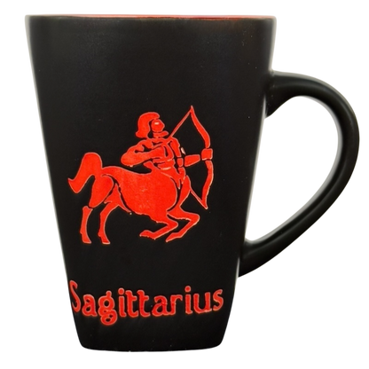 Black matte ceramic mug with red centaur archer and Sagittarius text Sagittarius vintage zodiac Fisher mug