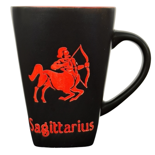 Black matte ceramic mug with red centaur archer and Sagittarius text Sagittarius vintage zodiac Fisher mug