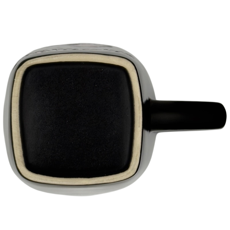 Bottom view of a square black ceramic mug with handle showing unglazed base Sagittarius vintage zodiac Fisher mug