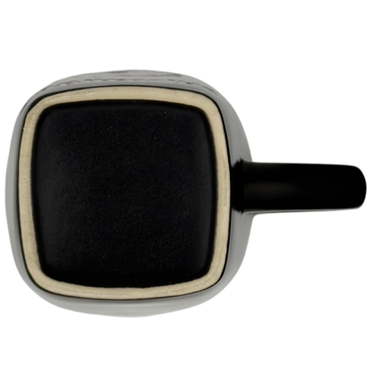 Bottom view of a square black ceramic mug with handle showing unglazed base Sagittarius vintage zodiac Fisher mug