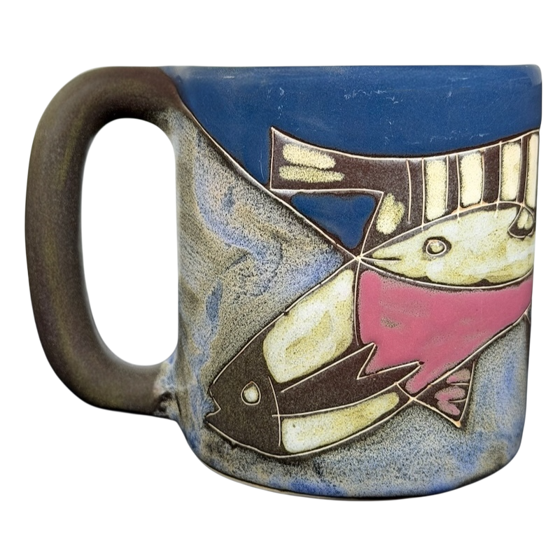 Five Fish Mara Mexico mug featuring a colorful fish design on a textured ceramic surface