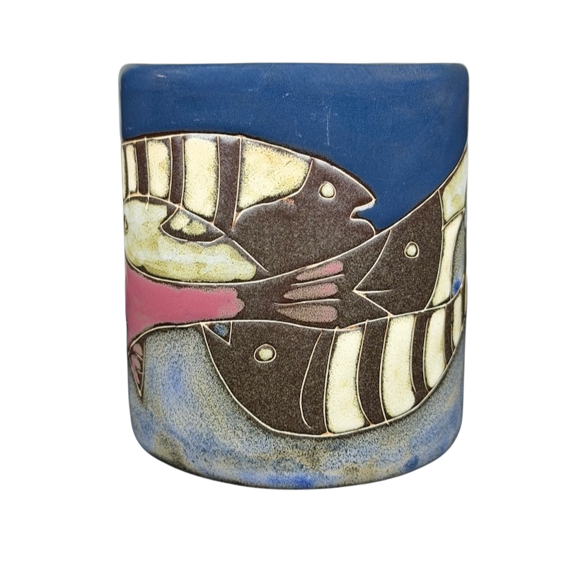 Handcrafted Five Fish Mara Mexico mug featuring vibrant colors and intricate fish designs