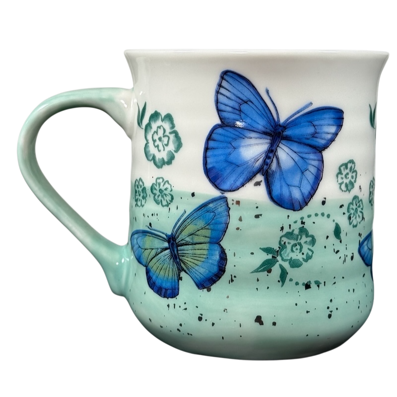 Floral Blue Green Butterflies Ridged Mug by Sheffield Home with detailed butterfly and flower design