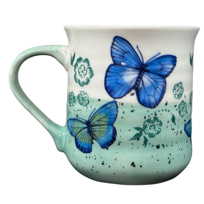 Floral Blue Green Butterflies Ridged Mug by Sheffield Home with detailed butterfly and flower design