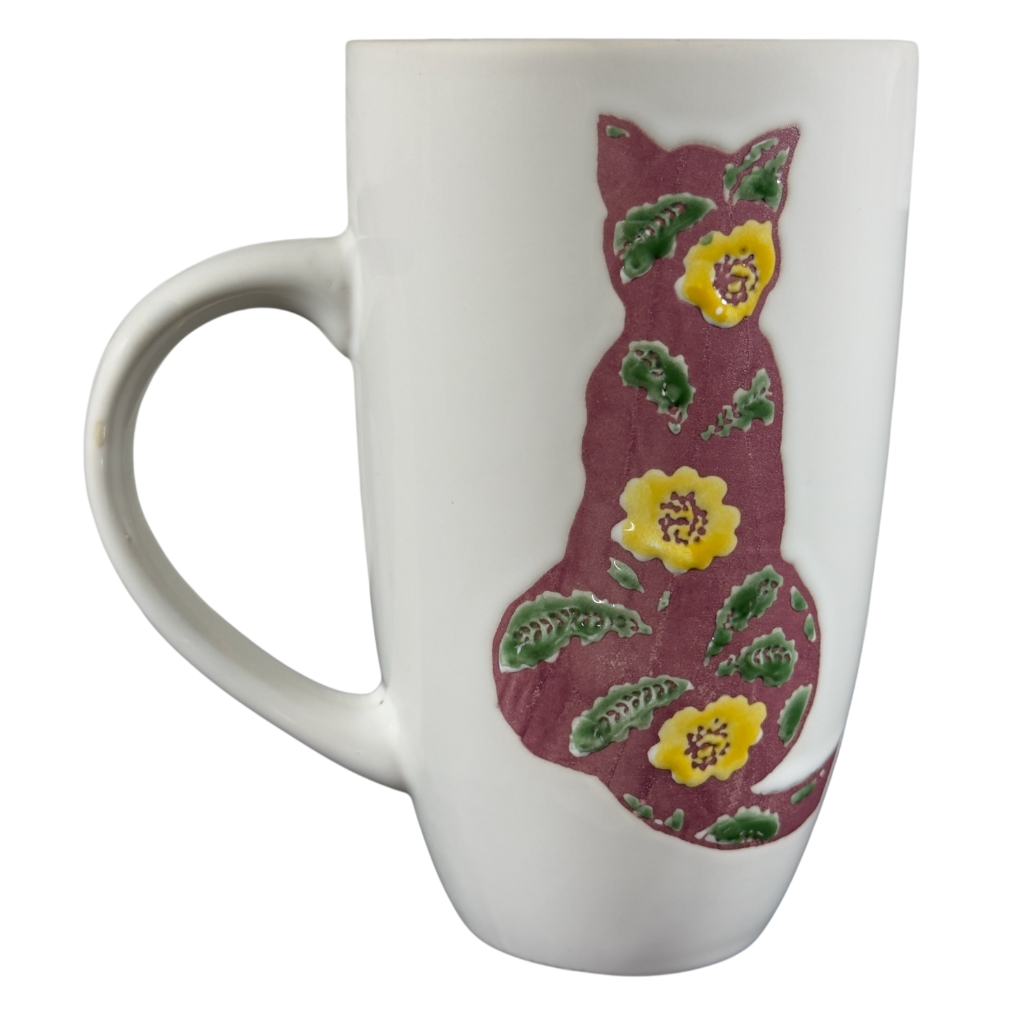 Floral Cat Silhouette Coffee Mug featuring a colorful cat design with yellow flowers