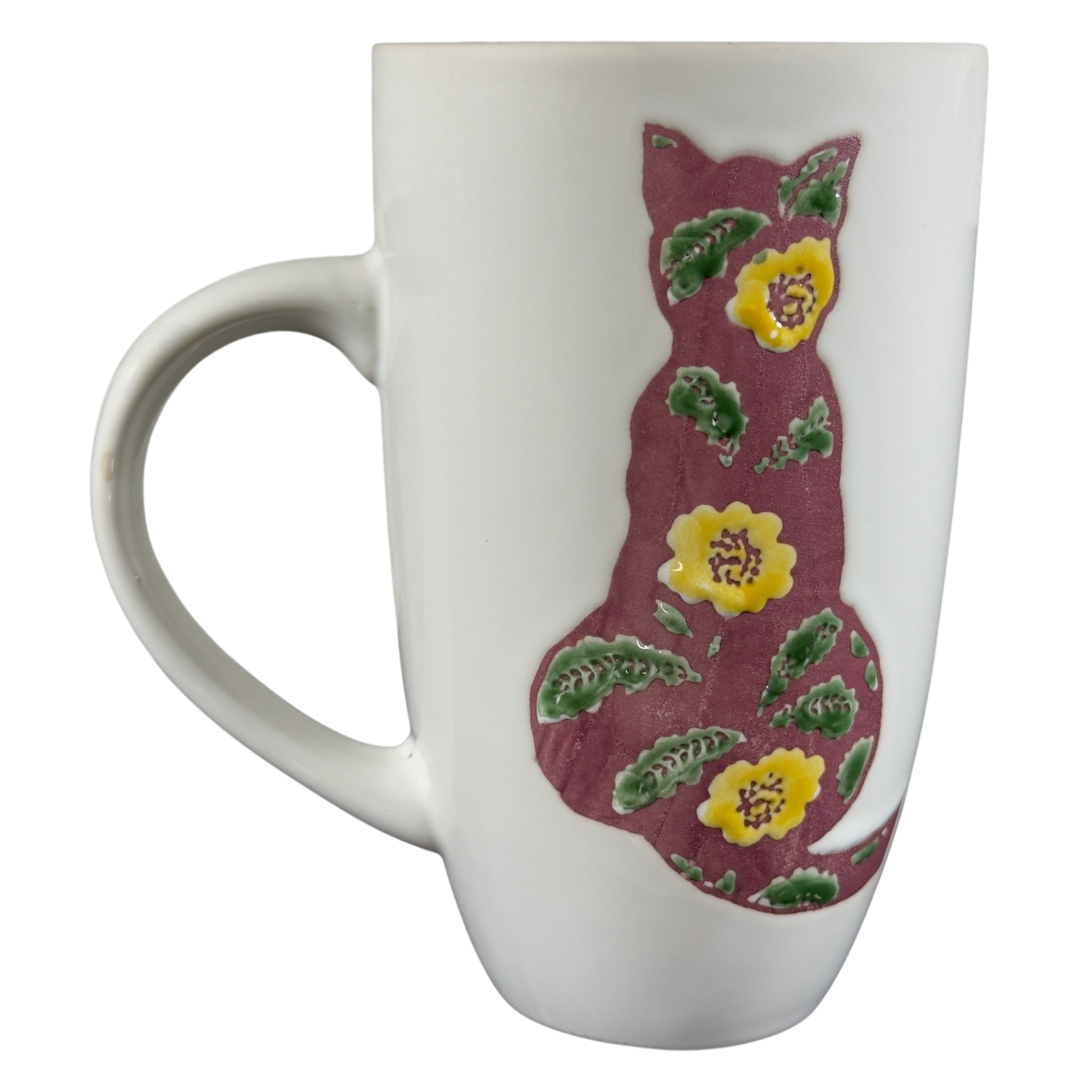 Floral Cat Silhouette Coffee Mug featuring a colorful cat design with yellow flowers