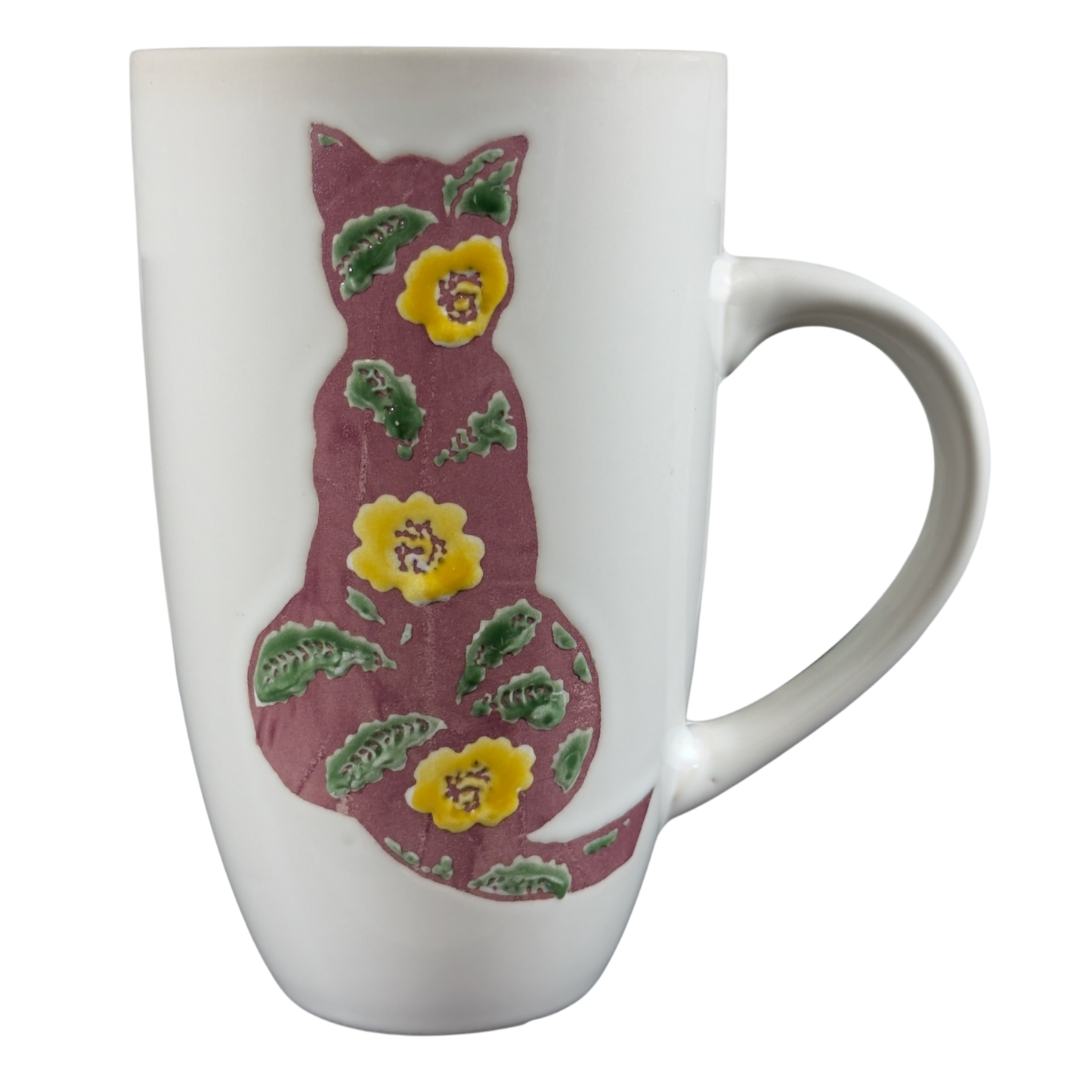Floral Cat Silhouette Coffee Mug featuring a colorful cat design with flowers and leaves