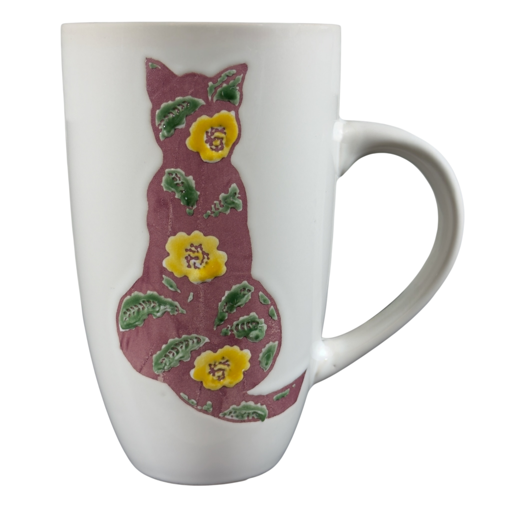 Floral Cat Silhouette Coffee Mug featuring a colorful cat design with flowers and leaves
