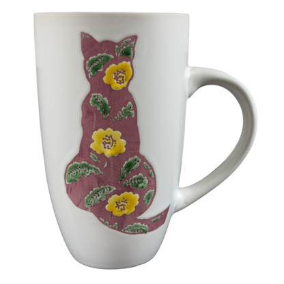 Floral Cat Silhouette Coffee Mug featuring a colorful cat design with flowers and leaves
