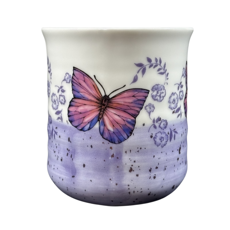 Floral Purple & Pink Butterflies Ridged Mug with butterfly and flower design by Sheffield Home