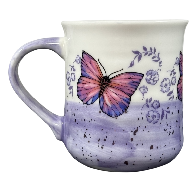 Floral Purple & Pink Butterflies Ridged Mug by Sheffield Home with detailed butterfly and flower design