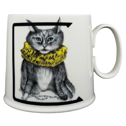 Florence Balducci Cat Monogram Initial Mug Anthropologie featuring a cat with a yellow ruff and blue eyes
