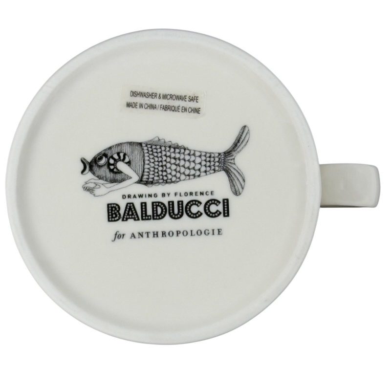 Florence Balducci monogram mug featuring a fish illustration and dishwasher safe design
