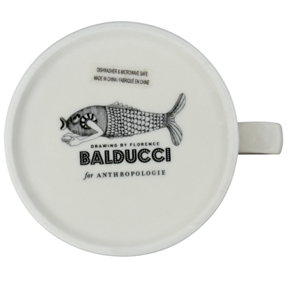 Florence Balducci monogram mug featuring a fish illustration and dishwasher safe design