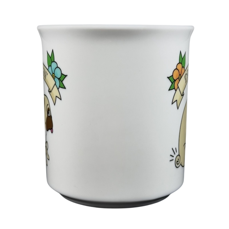 Fred Studio draggin vintage pug dog mug with a white ceramic finish and vintage pug illustrations