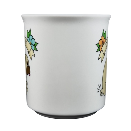 Fred Studio draggin vintage pug dog mug with a white ceramic finish and vintage pug illustrations