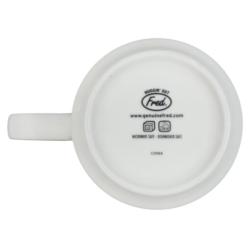 Bottom view of Fred Studio draggin vintage pug dog mug showing logo and dishwasher microwave safe labels