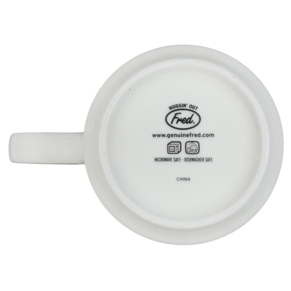 Bottom view of Fred Studio draggin vintage pug dog mug showing logo and dishwasher microwave safe labels