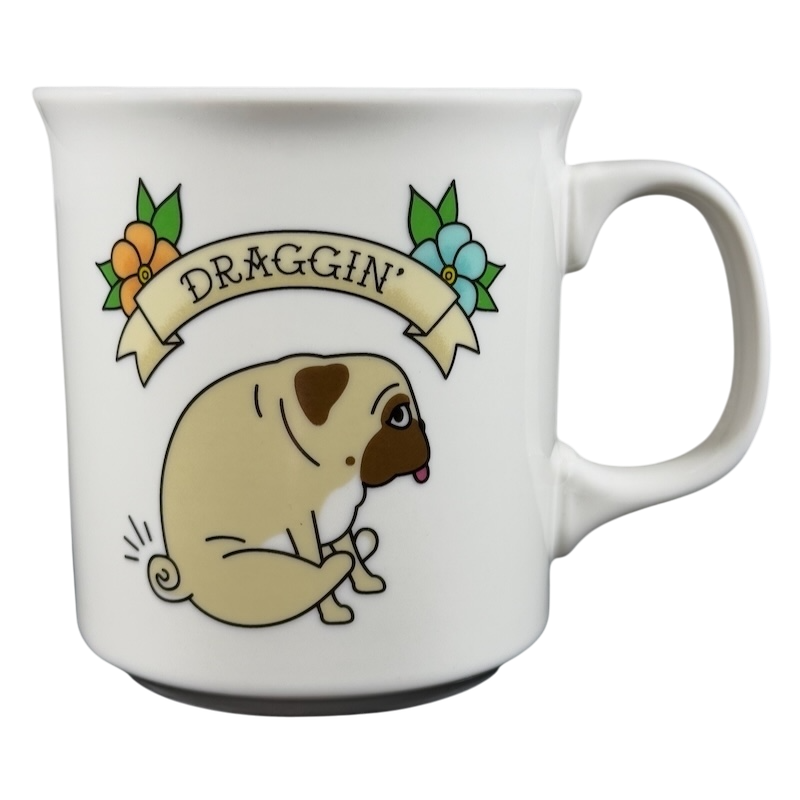 Fred Studio draggin vintage pug dog mug with cute cartoon pug and floral banner design