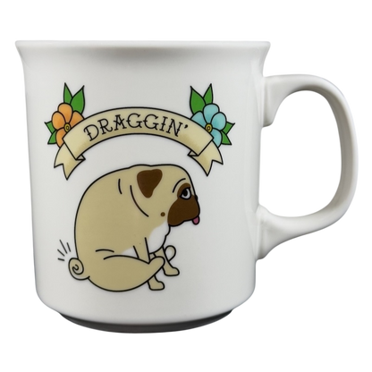 Fred Studio draggin vintage pug dog mug with cute cartoon pug and floral banner design