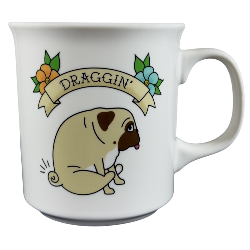 Fred Studio draggin vintage pug dog mug with cartoon pug and floral design on white ceramic