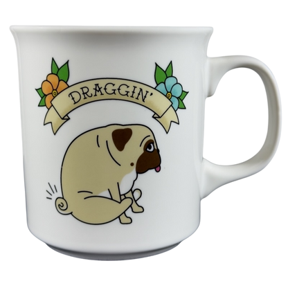 Fred Studio draggin vintage pug dog mug with cartoon pug and floral design on white ceramic