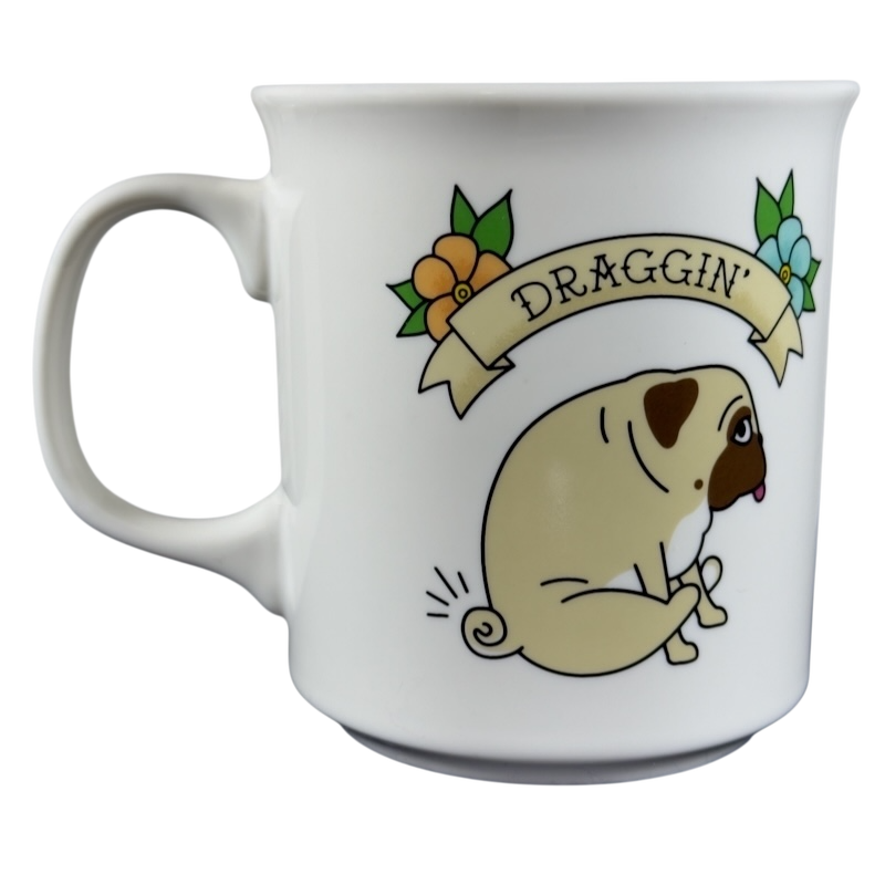 Fred Studio draggin vintage pug dog mug with cartoon pug and floral banner design
