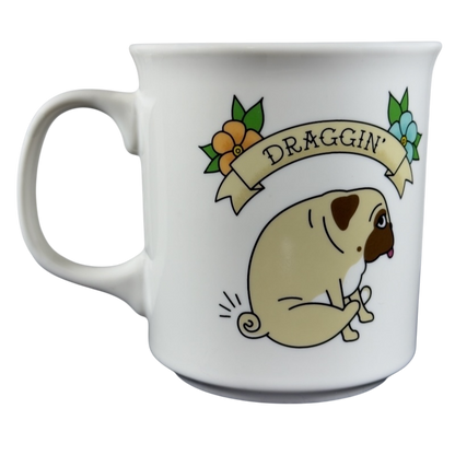 Fred Studio draggin vintage pug dog mug with cartoon pug and floral banner design