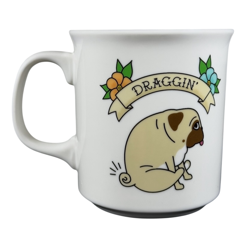 White ceramic draggin vintage pug dog mug with cartoon pug and floral design