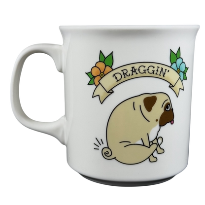 White ceramic draggin vintage pug dog mug with cartoon pug and floral design