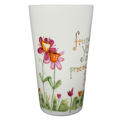Friends Like You Are Precious mug decorated with colorful flowers and a heartfelt message