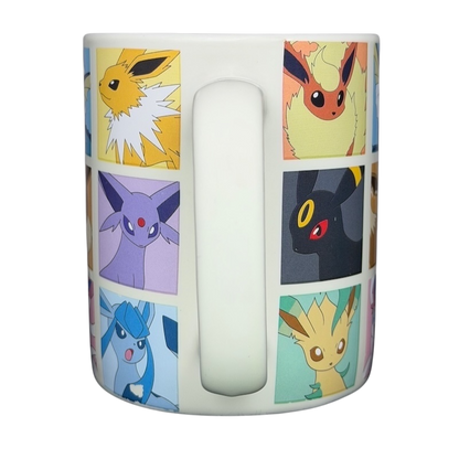 Eevee & Eeveelutions Grid Mug Game Freak featuring colorful images of Eeveelutions on a white background