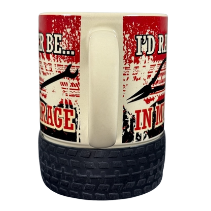 I'd Rather Be In My Garage rubber tire mug ceramic coffee mug with black tire tread base and wrench graphics