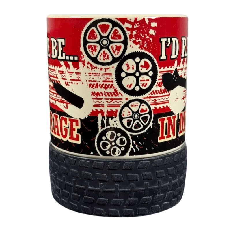 Red and black mechanic themed ceramic mug with textured tire base and wrench graphics I'd Rather Be In My Garage rubber tire mug