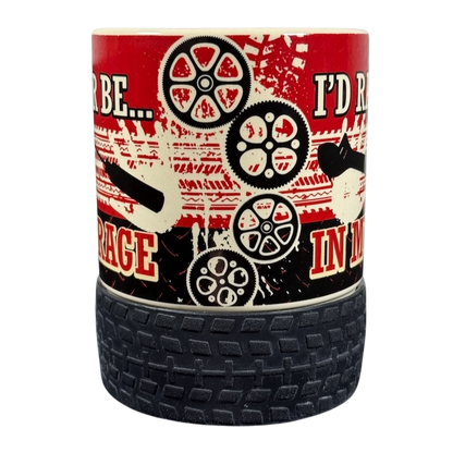 Red and black mechanic themed ceramic mug with textured tire base and wrench graphics I'd Rather Be In My Garage rubber tire mug
