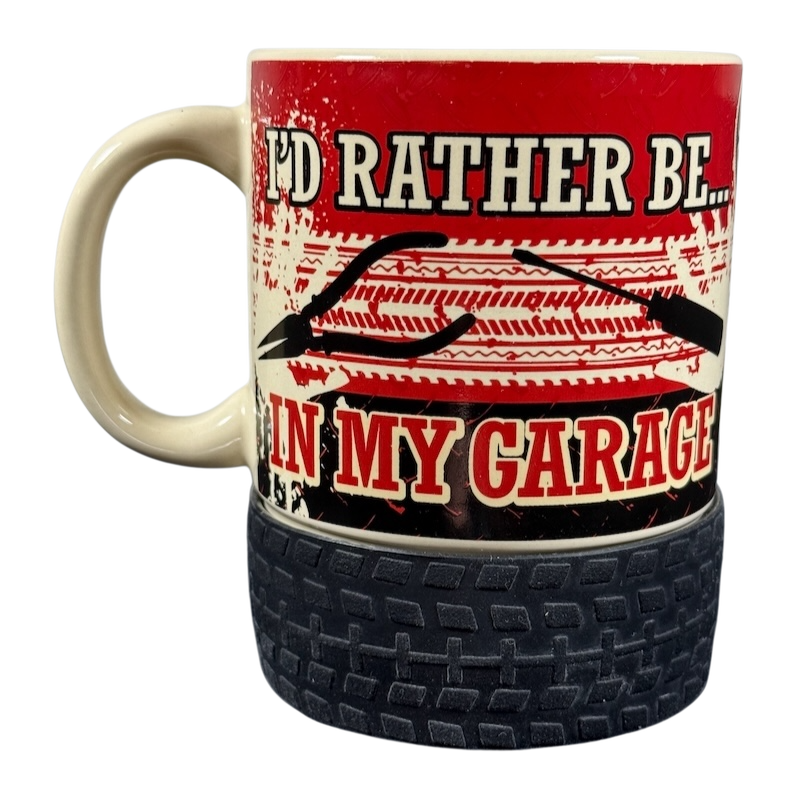 I'd Rather Be In My Garage rubber tire mug with red car silhouette design and textured tire tread base