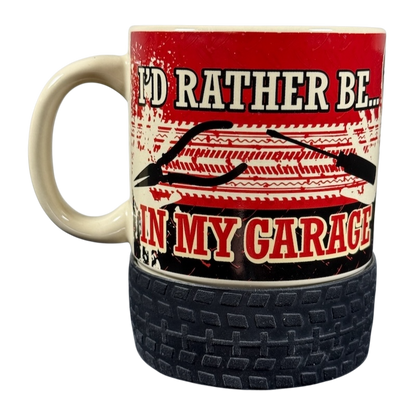 I'd Rather Be In My Garage rubber tire mug with red car silhouette design and textured tire tread base